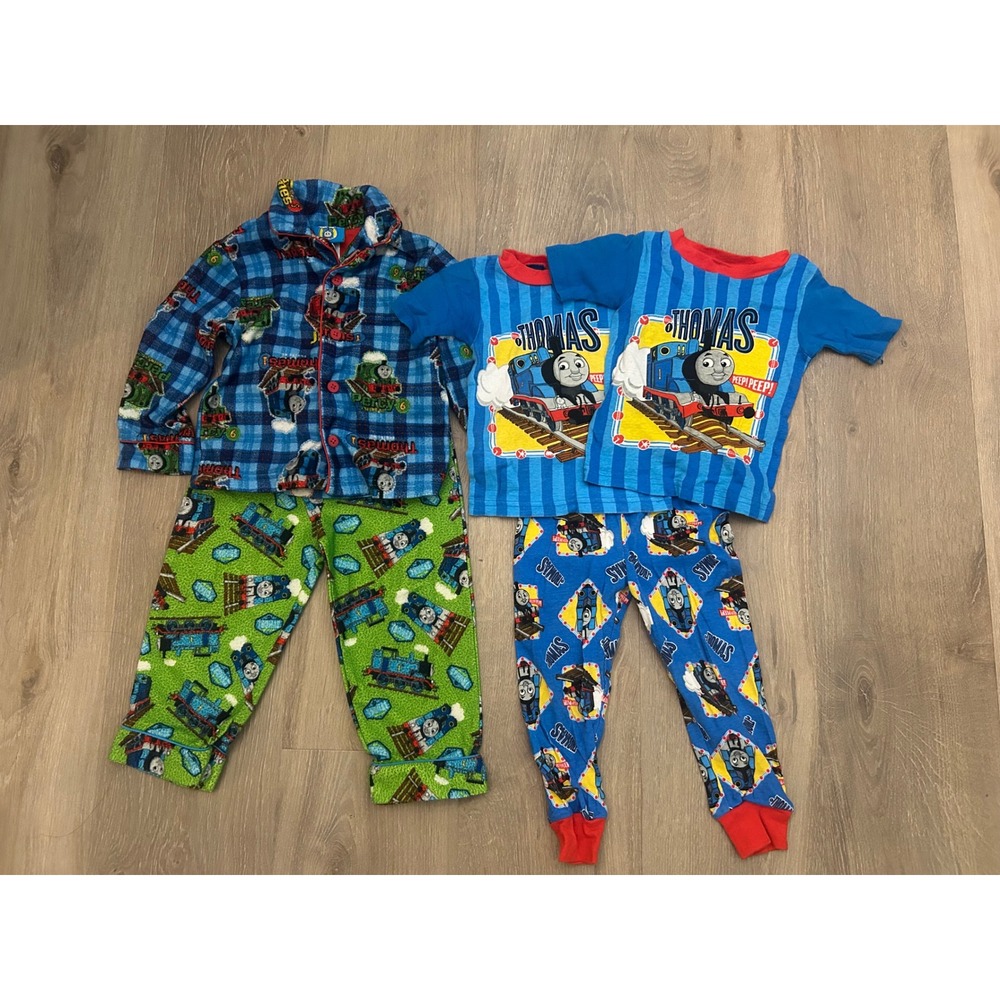 Thomas & Friends Blue Pajama Sets Toddler Boys 3T Plaid Train 2-Pack Lot